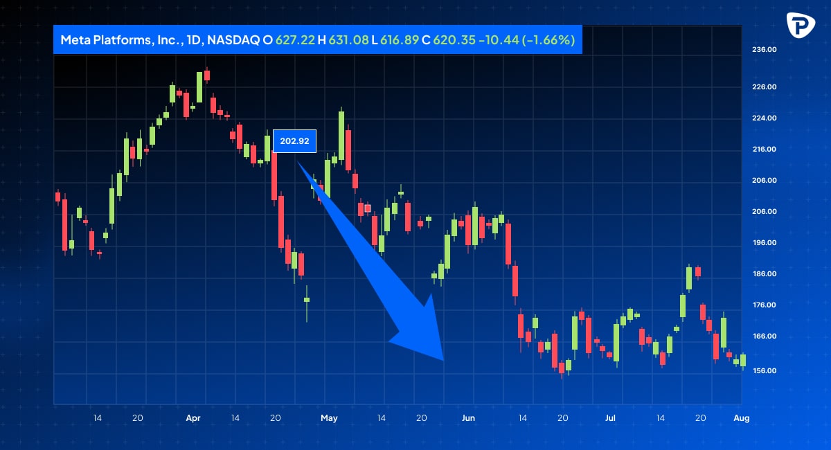 Candlestick chart of Meta Platforms, Inc. stock, highlighting a key point at 202.92 with a downward trend indicating a -1.66% change.jpg